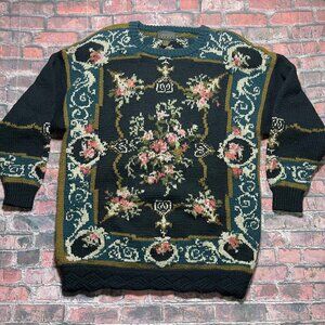 Vtg Cottagecore Womens Sweater L Black Floral Granny Wool Blend Cabincore Soft